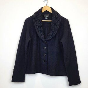 Cynthia Rowley Black Wool Lace Button Front Cardigan Blazer, Size Small, GUC